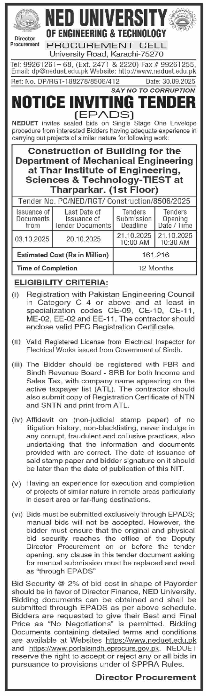 Ned University of Engineering & Technology Tender Notice